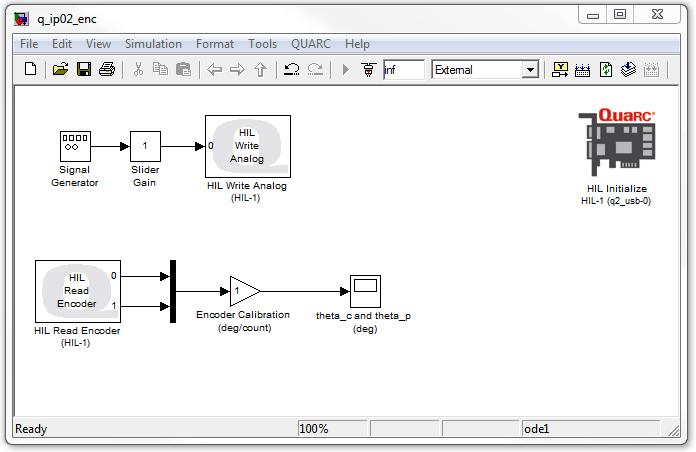 A.2 Measuring Position using Encoder The Simulink R diagram designed previously is modified to include an encoder measurement, as illustrated in Figure A.2.1 below. Figure A.2.1: Simulink R model used with QUARC to send voltage to IP02 and read the encoder sensors.