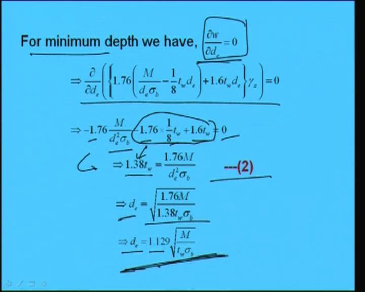 (Refer Slide Time: 37:13) And for minimum depth we can say that del w del de is equal to 0 for minimum. For minimum we can use this expression.
