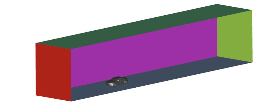 Slika 7. Slika vetrovnika z obarvanimi robnimi ploskvami, pri čemer je z rdečo obarvana vstopna in z rumeno izstopna ploskev, s sivo cestišče, z vijolično stranska stena ter z zeleno strop.