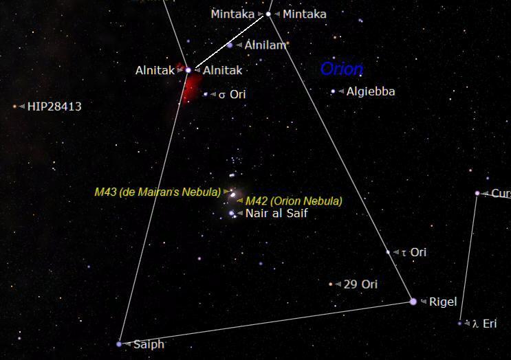 M42 THE GREAT NEBULA IN ORION Chart showing M42 the Great Nebula in Orion When we look towards Orion we are