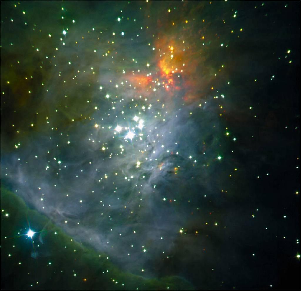 Stars forming in M42 Gravity draws the atoms of the gas together and as the gas becomes denser it pulls in even more until huge spheres of gas are formed.