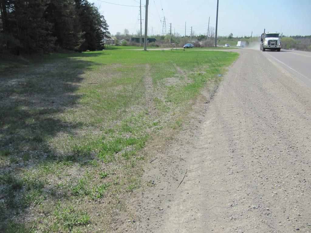 Figure 17: View, looking south, at the faint tire marks in the grass on the east side of the road.