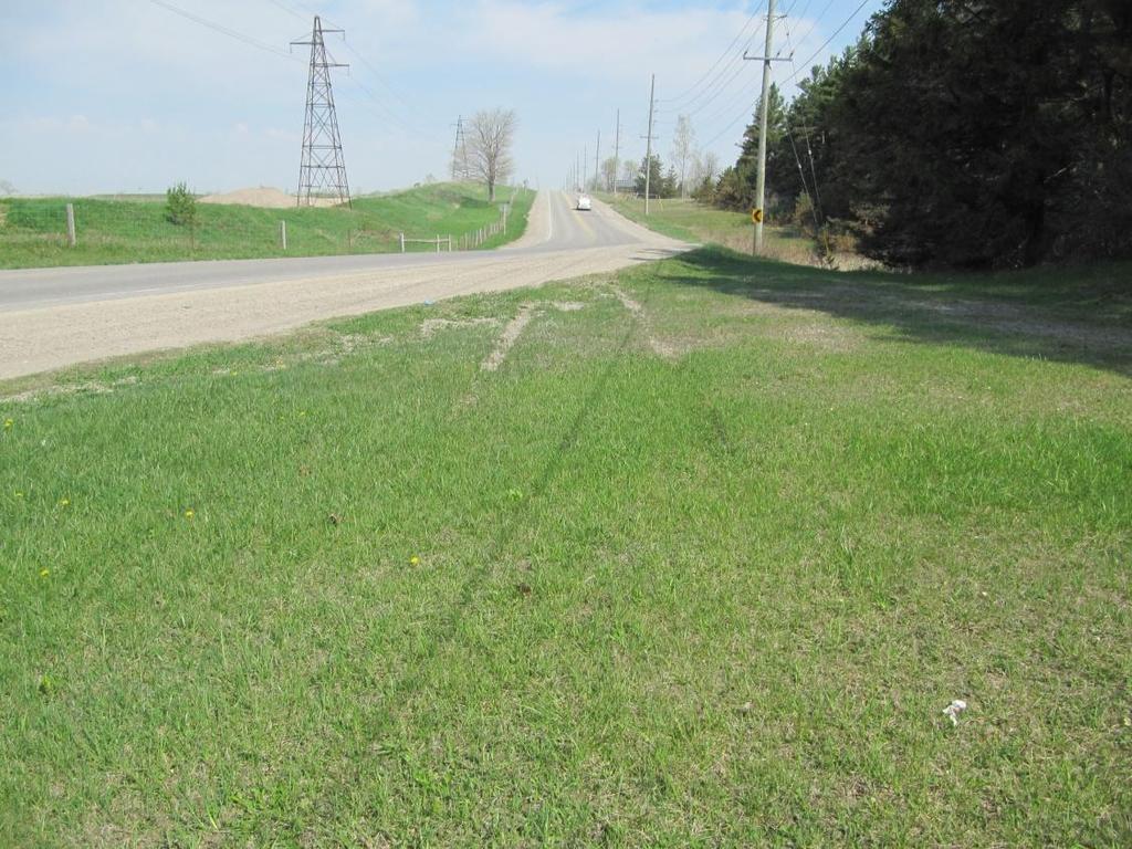 Figure 20: View, looking north, at the tire marks exiting onto the grass.