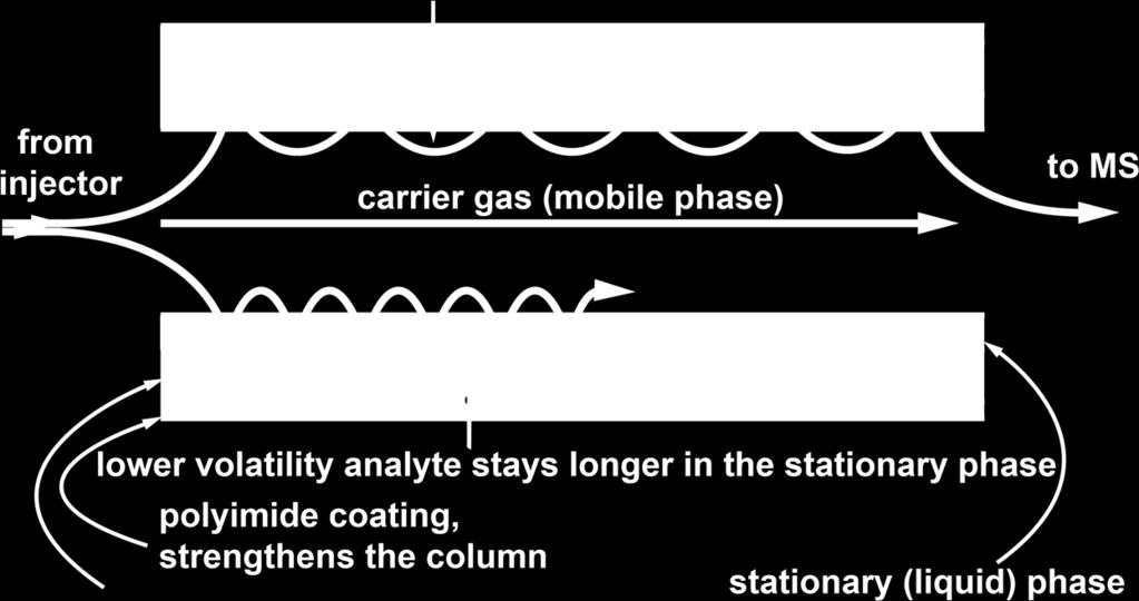 higher volatility analyte moves more rapidly in the carrier gas fused silica, column material Analytes condense at the entrance of the column and are subsequently separated based on their molecular