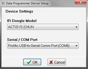of the ACTiSYS IR programmer, and the serial/com port used, from a pair of dropdown menus. Your settings might not match those pictured. 3.