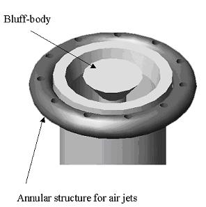 Fig. 1: The annular burner DG-25-15-CON. The flow rates are metered by two Venturi tubes: one for the air and one for the fuel.