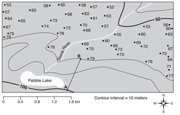 10. On the map, draw the 60- meter and 70-meter contour lines. The contour lines should extend to the edges of the map. 11. State a likely surface elevation of Pebble Lake. 12.