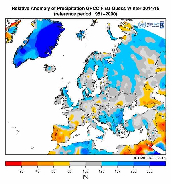 Figure 10: Precipitation anomalies for winter 2014/15 in Europe.