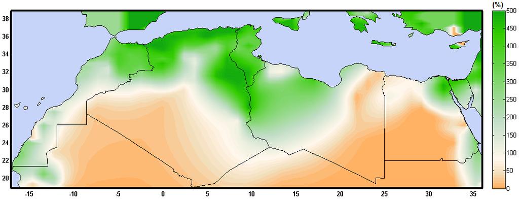 Figure 12: Precipitation anomaly for winter season in North Africa (in %) (Reference period 1981-2010) Winter 2014-2015 was wetter than in north of Morocco, north of Algeria, almost all of Tunisia