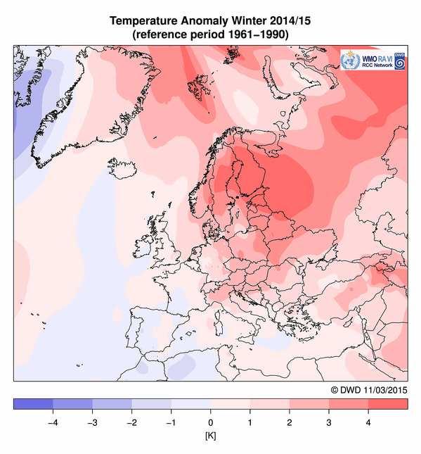 Figure 4: Surface air temperature anomalies for winter 2014/15.