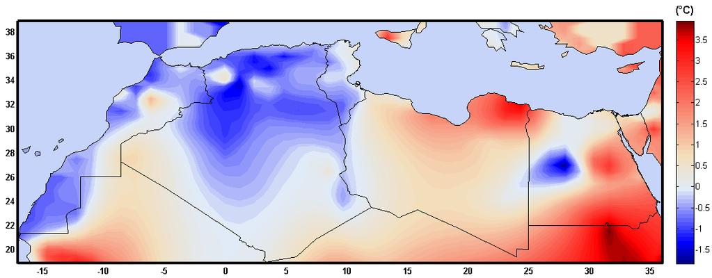 7). According to ERA-INTERIM reanalyses, winter temperatures were in the lower or middle tercile in western parts of North Africa, and in the middle or upper tercile in eastern parts.