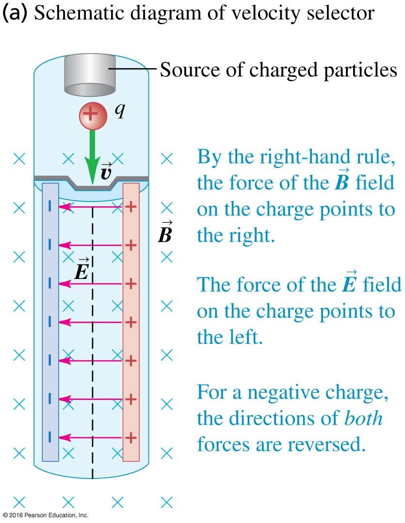 Velocity Selector If electric and magnetic fields are simultaneously applied to the motion of a charged particle (as shown in the figure below), it is possible to build a velocity selector: ( ) F = q