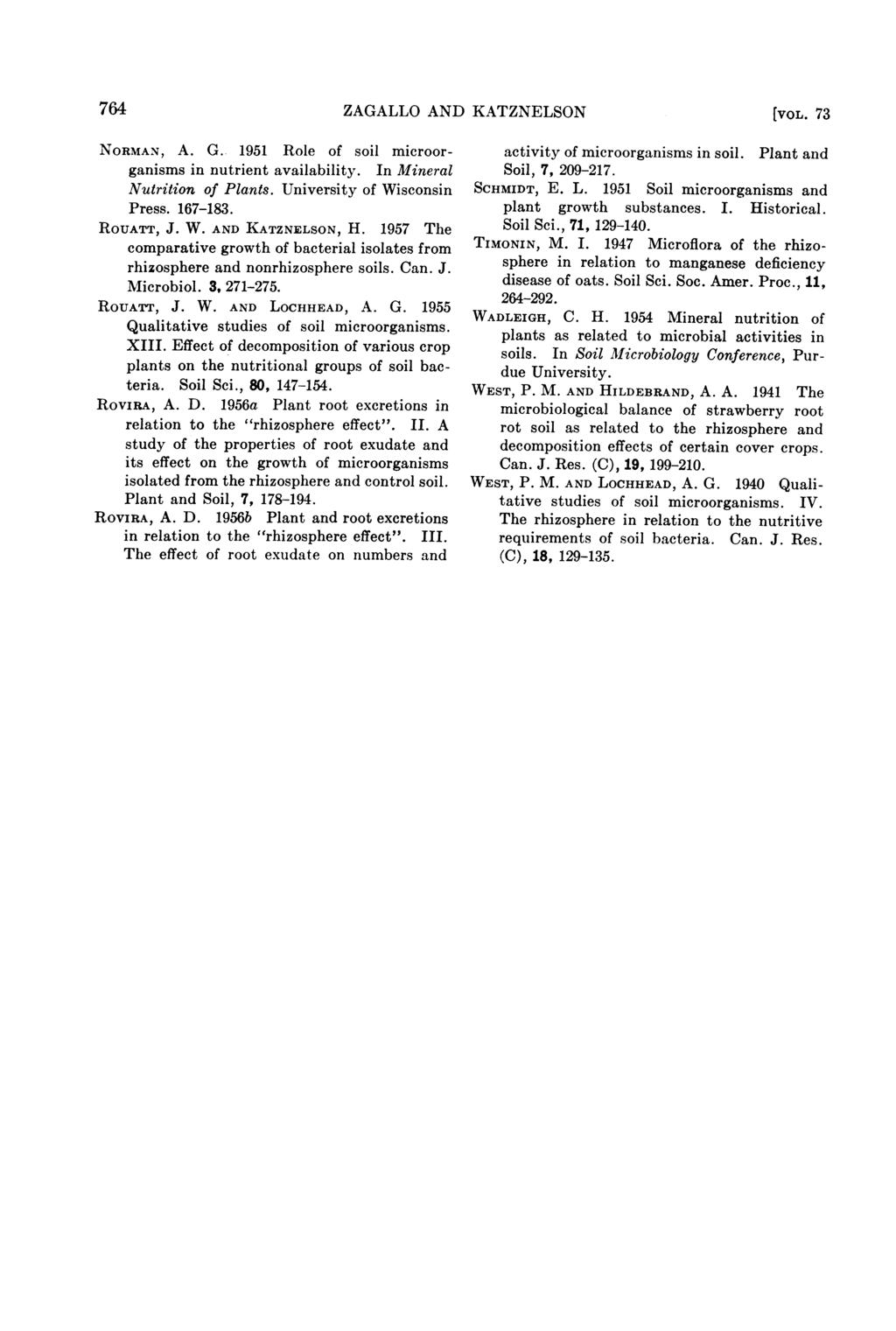764 ZAGALLO AND KATZNELSON [VOL. 73 NORMAN, A. G. 1951 Role of soil microorganisms in nutrient availability. In Mineral Nutrition of Plants. University of Wisconsin Press. 167-183. ROUATT, J. W. AND KATZNELSON, H.