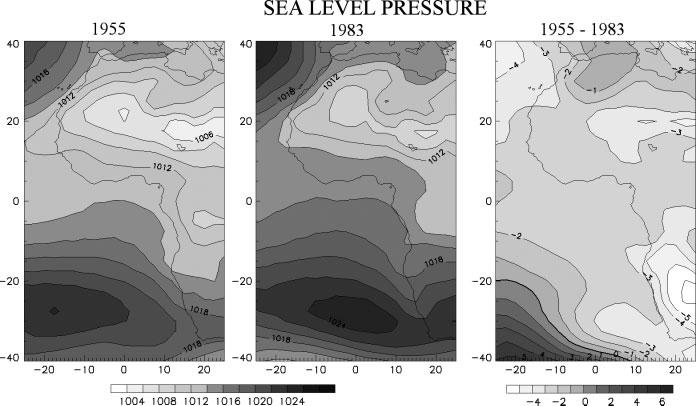 FACTORS OF THE INTENSITY OF THE TROPICAL RAINBELT OVER WEST AFRICA 683 Figure 12. Mean sea-level pressure (mb) in August for 1983 and 1955 and the difference field. Figure 13.