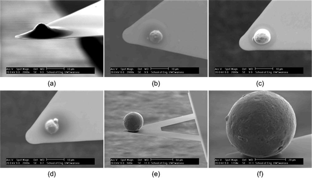 Figure 1. SEM images taken for colloid probe tip with (a) overuse of adhesive, (b) wrong position, (c) imperfect particle shape, (d) clustered particles, (e) and (f) large particle.