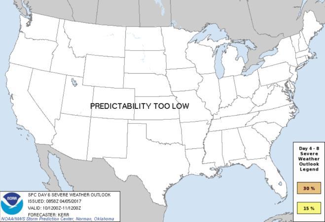 Severe Weather Outlook: Days 4-7 Saturday Day 5 Sunday Severe Weather Probabilities 30%+ 15% Day 6 Day 7