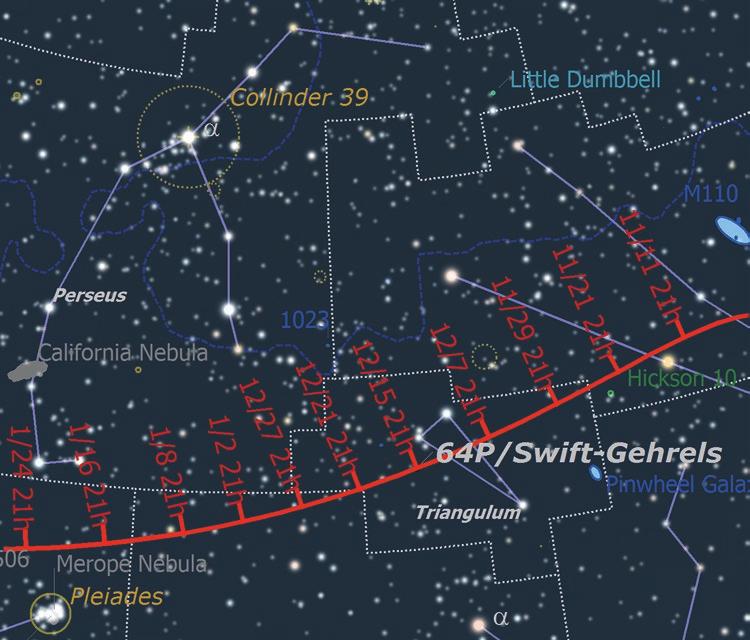 Chart created with SkyTools3 Comet 64P Swift-Gehrels is 10.3 magnitude in brightness in constellation Triangulum; it moves into constellation Aries on Dec. 22nd. It is expected to dim to magnitude 12.