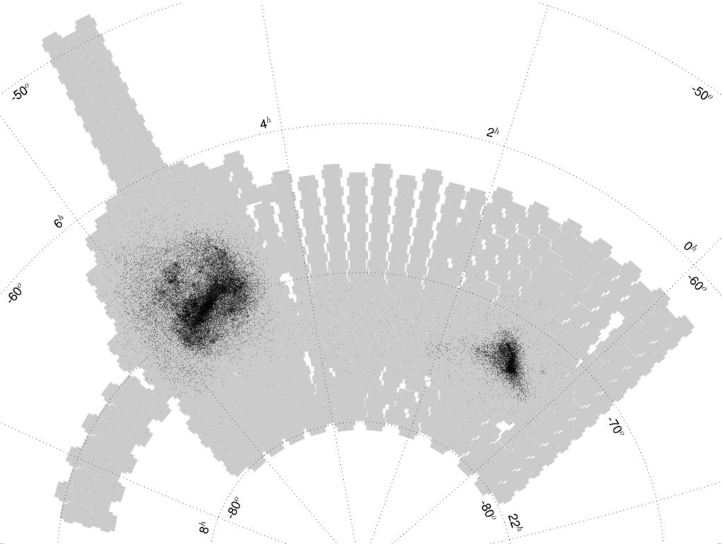 8 A. A. Fig. 4. The spatial distribution of binary stars in the area of the Magellanic System. Gray area shows the sky coverage of the OGLE-IV fields. 6.