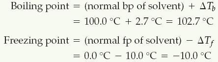 Example Automotive antifreeze consists of ethylene glycol, CH 2 (OH)CH 2 (OH), a nonvolatile nonelectrolyte. Calculate the boiling point and freezing point of a 25.