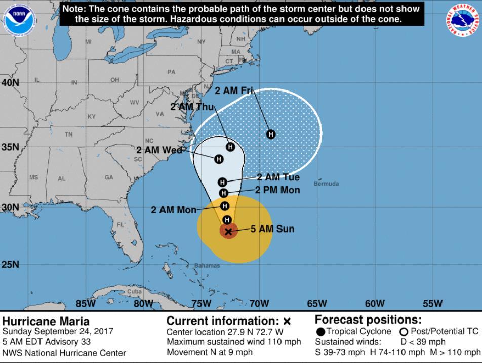 Tropical Outlook Atlantic Hurricane Maria (CAT 2) (Advisory #33 as of 5:00 a.