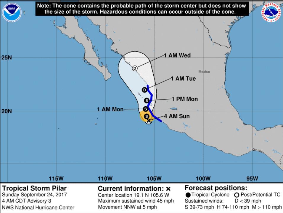 EDT) Located 85 miles W of Manzanillo, Mexico Moving NNW at 5 mph; maximum sustained winds 40 mph Additional