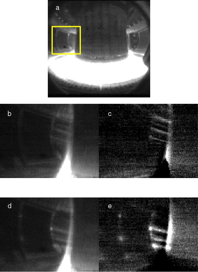 Figure 2 Visible images obtained using a D α filtered camera on ASDEX Upgrade. a) full view of the plasma with the region of fast acquisition shown as a box.
