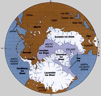 The extent of the northern hemisphere ice sheets at the last glacial maximum.