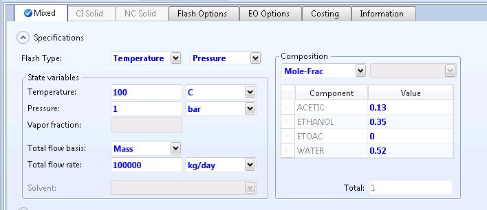 Specify the feed stream. Go to Streams FEED Input. Choose Mole Frac for Composition type and enter Acetic Acid = 0.13, Ethanol = 0.