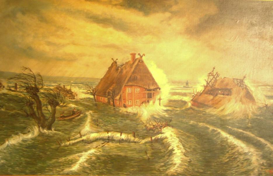 Great Baltic Sea flood, November 13, 1872 Farm houses in Niendorf (near Lübeck) being torn away. Privately owned, Fam. Muuß, Hotel Friedrichsruh. Sea level 3.50 m above normal.