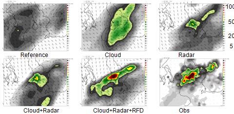 Two hour forecasts of the cloudburst event in Copenhagen, 2 July 2011 a) Standard weather forecast without additional data b) Forecast with assimilation of cloud data c) Forecast