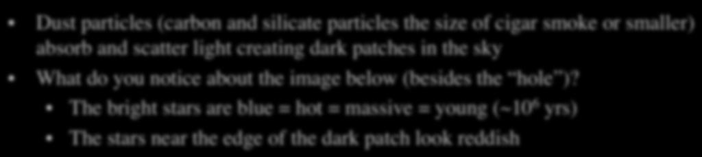 The Interstellar Medium Dust particles (carbon and silicate particles the size of cigar smoke or smaller) absorb and scatter light creating dark patches in the sky What