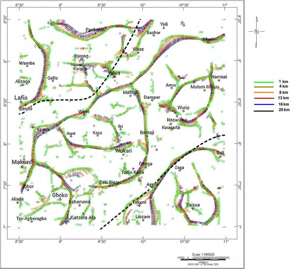 Awoyemi et al.: Evidence of Basement Controlled Faulting of Cretaceous Strata 81 Figure 10: Composite Map of Bouguer Anomaly HGM Maxima at Different Upward Continuation Heights.