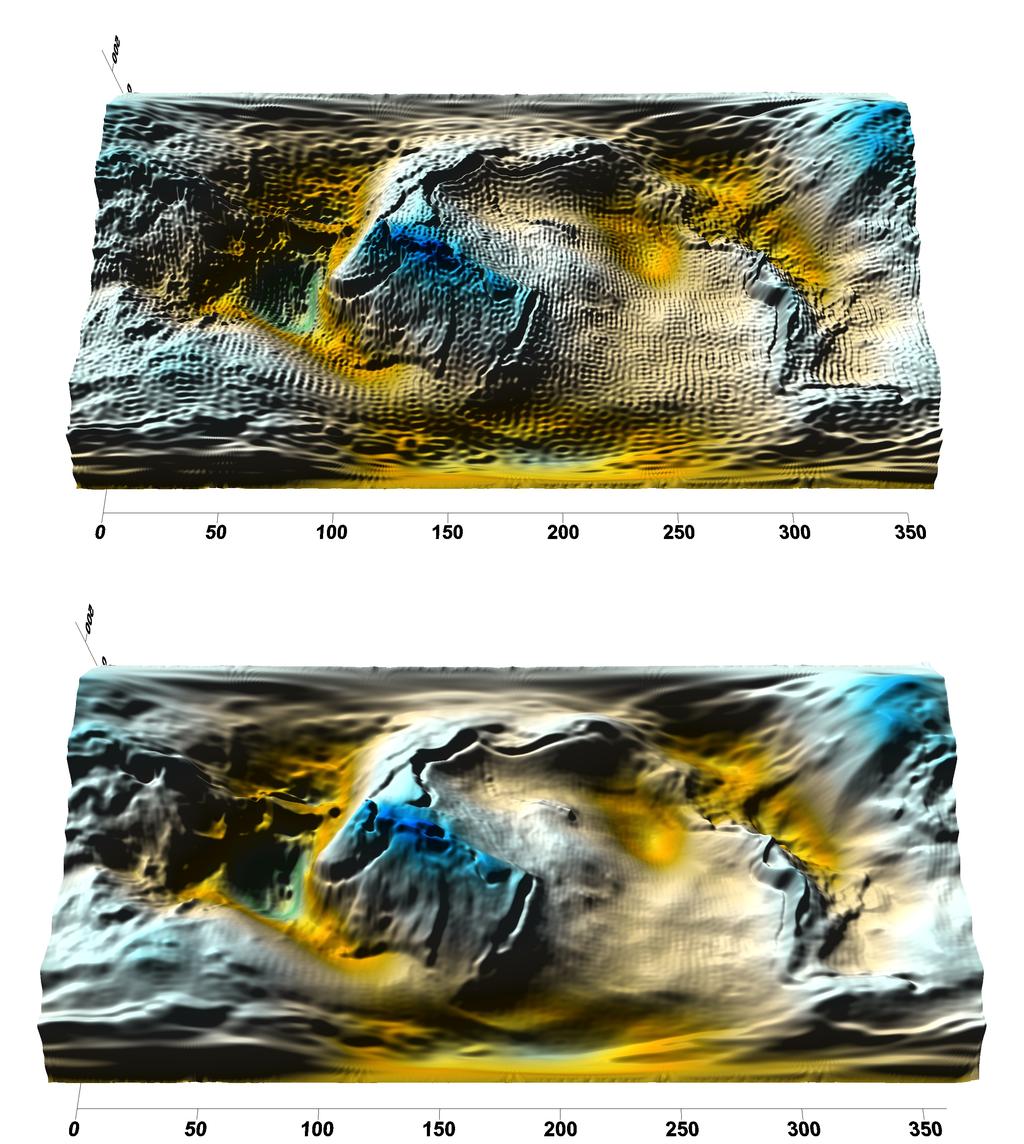 Obrázok 14: Poruchový potenciál - originálne dáta (hore), zhladené nelineárnou difúziou (dole).