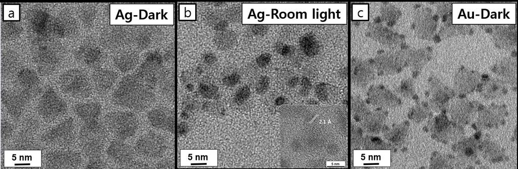 Fig. S3 Photocatalytic Ag growth on PbSe/CdSe/CdS pyramid nanocrystals in (a) dark and (b)
