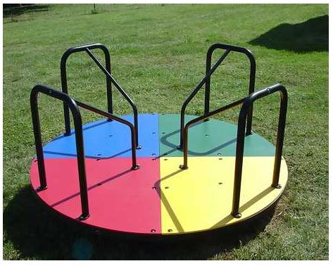 P6. The picture shows a rotating platform that serves as a playground merry go round. The platform rotates on low-friction bearings about its center axis. It has a radius of 2.