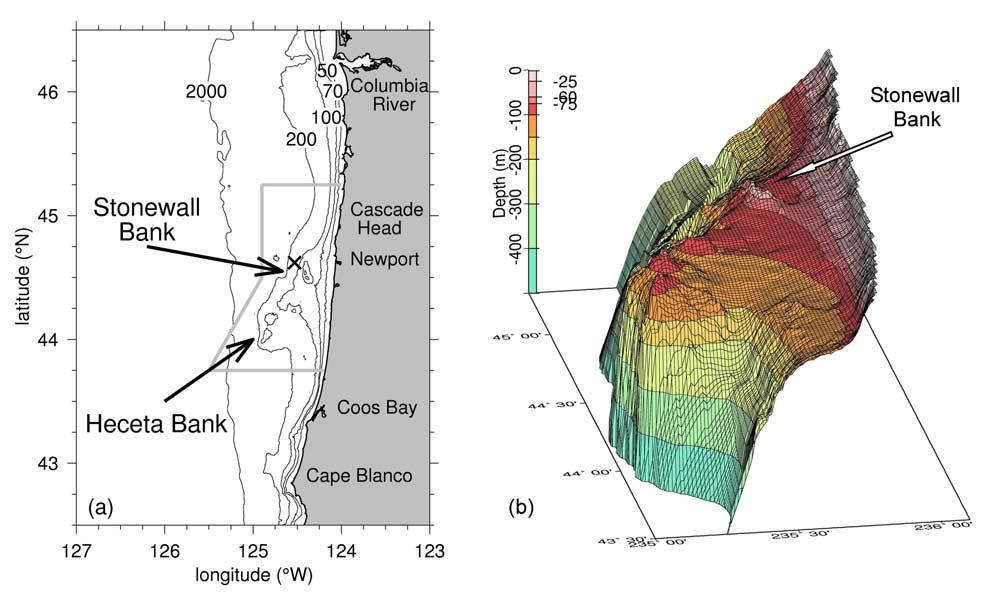 Figure 1. (a) Bottom topography off Oregon showing the locations of Heceta and Stonewall Banks.
