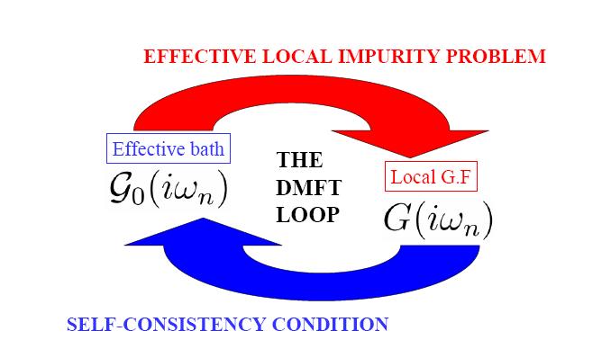 Dynamical mean field theory (DMFT) Hubbard model is mapped onto a model of a single impurity in mean field G (iω n ) this mean field is frequency dependent