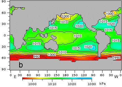 Introduction: What drives the ocean currents? 7 Fig. 1.3. Air pressure (hpa) at sea level. (a, page 6) July mean, (b) January mean. Broken lines show isobars at 5 hpa separation.