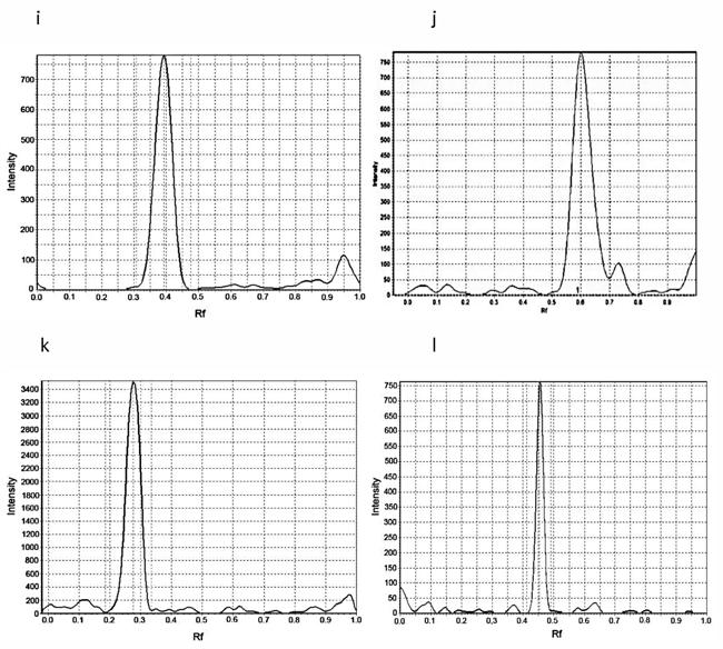 Effect of chromatographic conditions on retention behavior and... 41 Figure 1. cont.: i. C18/MeOHñH 2 O (80 : 20, v/v) containing 1% ammonia; j. CN/MeOHñH 2 O (80 : 20, v/v) containing 1% ammonia; k.