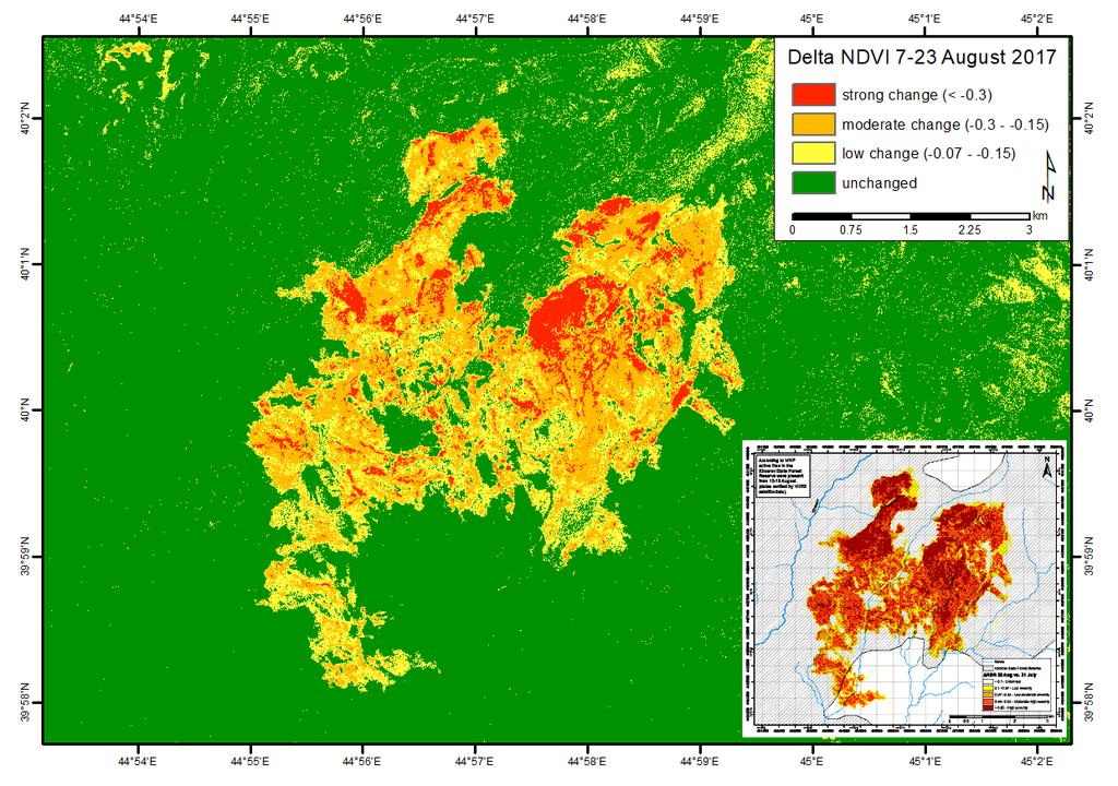 Burned areas mapping Wildfires in Khosrov Forest Reserve and Artavan Mapping of affected areas using Landsat 8, Sentinel-2 and