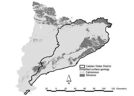 The three river sizes are shown according to the regional classification of System A of the WFD Classification by simplified surface geology of Catalan Water District.