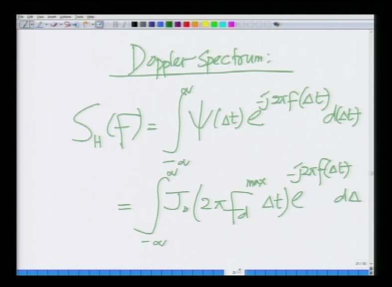 (Refer Slide Time: 27:49) I can compute the Doppler spectrum, the Doppler spectrum S H of F of a channel is given as minus infinite to infinite, it is given as the courier transform of the