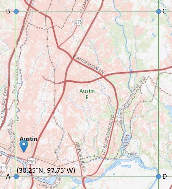 The following figure shows additional detail on the extent of the 1:24,000 Austin East topographic map which covers 7.5 x 7.5 (7.5 minute x 7.5 minute) of latitude and longitude.