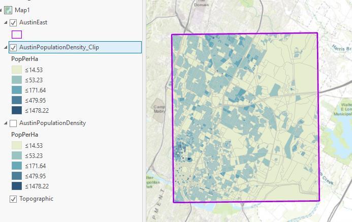 Solution: I used the Clip (Analysis Tools) geoprocessing function to isolate the census blocks lying either wholly or partly within the Austin East map extent.