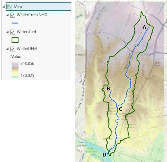 4. Waller Creek Waller Creek is the Creek that drains the area of Austin containing UT Austin. The figure below shows Waller Creek streams as mapped by NHD. The file austin.