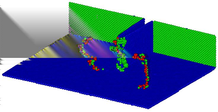 3D visualization of dislocation emission by means of coordination numbers (KNT) - see the red (KNT= 16, 17) and green (KNT = 13) atoms in