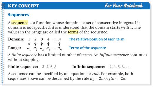 SEQUENCES & SERIES NOTES Day 1: Sequences Objective: In these notes we will recognize and write rules for number patterns, analyze arithmetic & geometric sequences, and compare & contrast sequences.