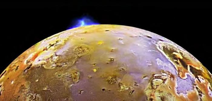 of sulfur. In 2001, NASA's Galileo spacecraft detected these sulfur snowflakes just above Io's south pole. The sulfur shoots into space from a volcano on Io's surface.