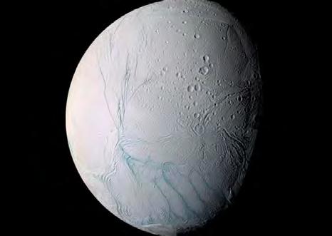 Credit: NASA/JPL-Caltech A Moon of Saturn: Enceladus Saturn's moon, Enceladus, has geysers that shoot water vapor out into space. There it freezes and falls back to the surface as snow.
