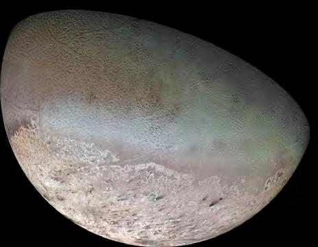 and made of nitrogen rather than water. The Voyager 2 mission captured this image of Triton. The black streaks are created by nitrogen geysers.